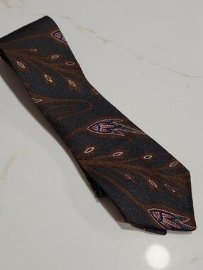 Perry Ellis Black Tie with Brown and Purple Paisley Motif